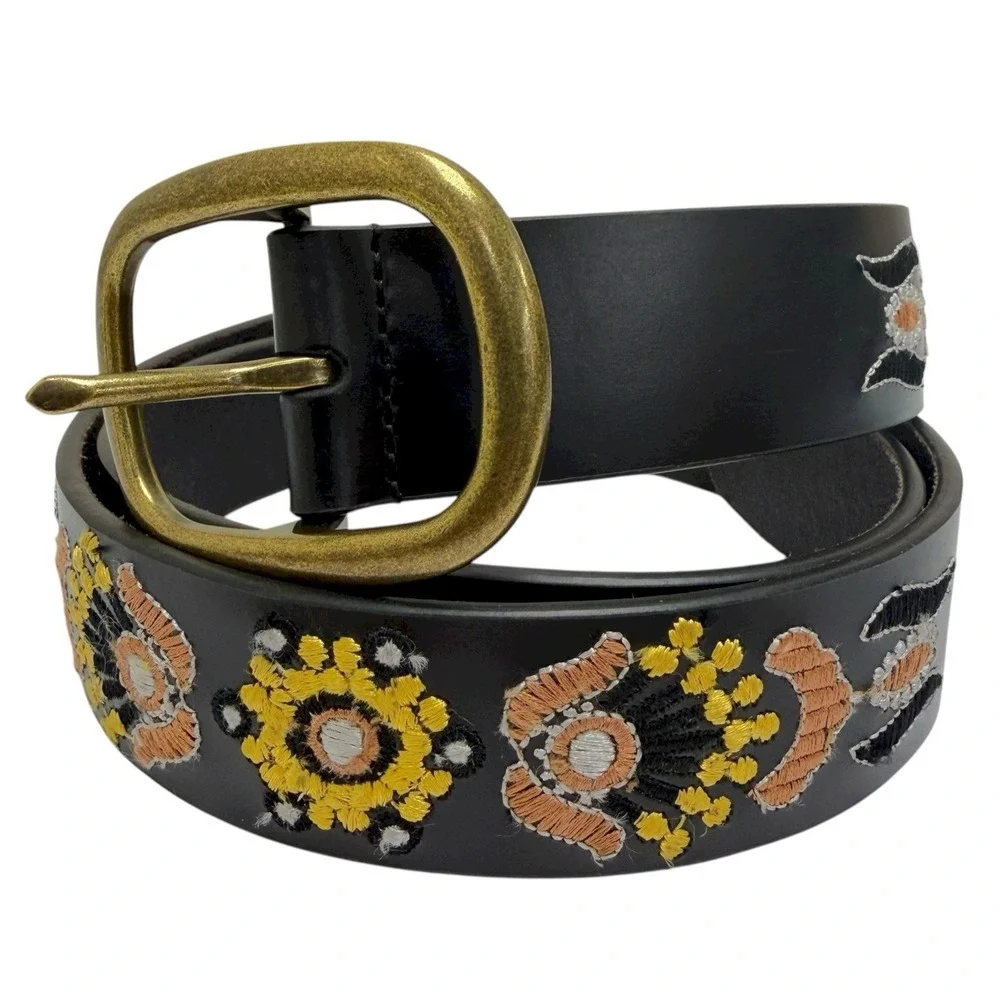 Lucky Brand Women's‎ L 100% Leather Embroidered Multicolor Floral Black Belt NWT